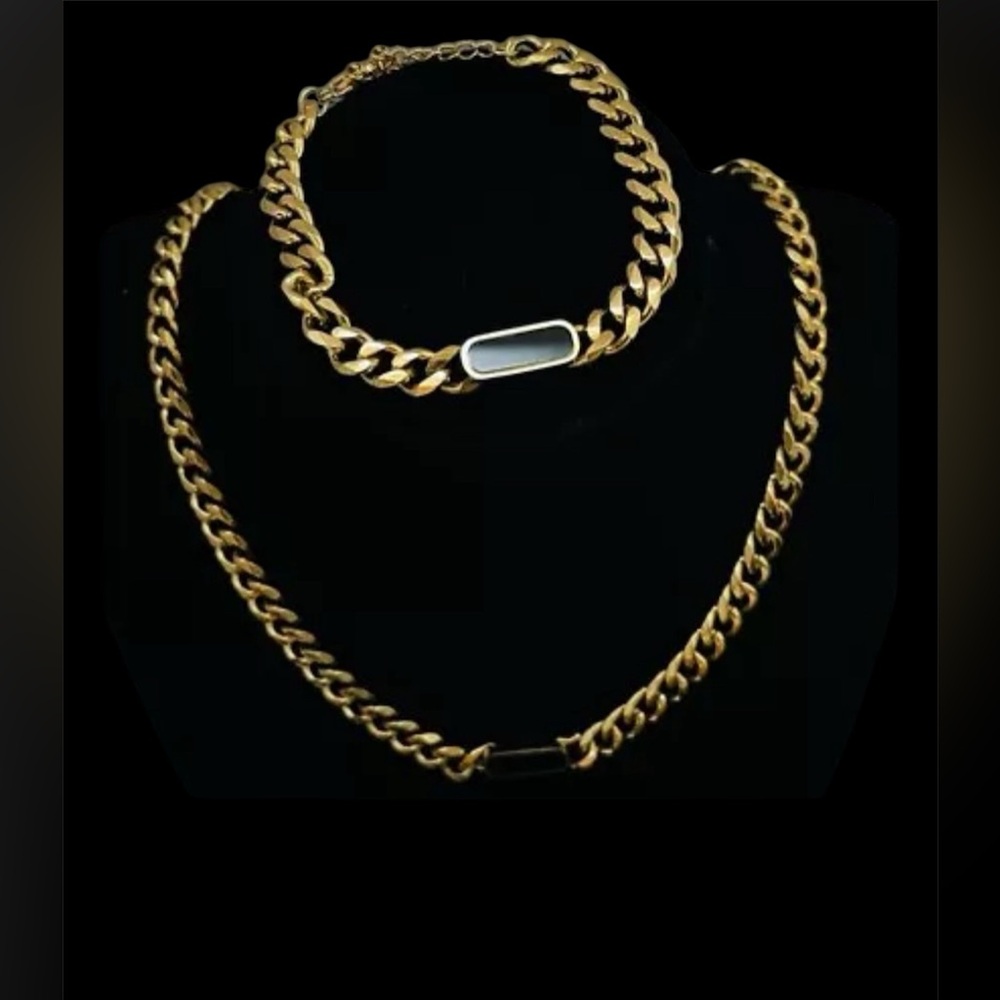 FASHION JEWELRY CHOKER AND BRACELET SET WITH BLACK PLATE WOMEN STAINLESS STEEL *